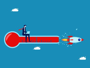 Sınırların ötesinde çalış. Roketle çalışan işadamı termometre vektörünü geçiyor