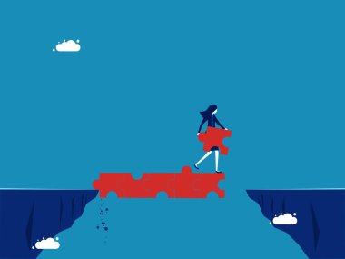 Engelleri aşmak için kendini geliştiriyorsun. İş kadını, yapboz köprüsünü uçuruma bağlıyor. Vektör
