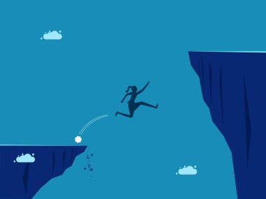 Yanlış şekilde çalış. İş kadını başarısız bir şekilde uçurum vektöründen atladı