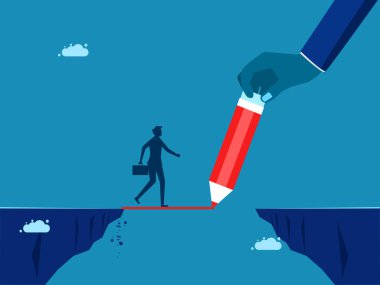 Destek. İşadamı, çalışanların uçurumu geçmesine yardım etmek için köprü olarak bir sınır çiziyor. vektör