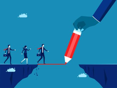 Çalışanların ilerlemesine yardım. İşadamı, çalışanların uçurumu geçmesine yardım etmek için köprü olarak bir sınır çiziyor. vektör