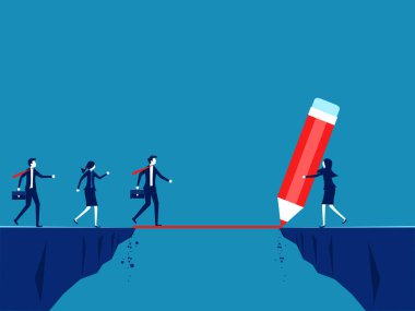 Liderler engelleri aşmaya yardım eder. İş kadını köprü çiziyor. Vektör 