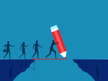 Liderler engelleri aşar. İş adamı yöneticisi bir uçurum vektörünün üzerine köprü çiziyor