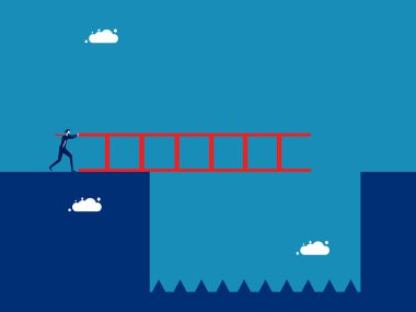 İş yapmanın önünde ağır engeller var. İş adamı boşluğu aşıyor. vektör illüstrasyonu