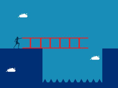 İş yapmanın önünde ağır engeller var. İş kadını boşluğu aşıyor. vektör illüstrasyonu