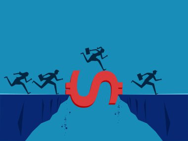 Finansal yardım. İş ekibi uçurumdan para köprüsü vektörüyle geçiyor