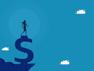 Yatırım konsepti. Para dağı vektörünün tepesinde duran kadın.