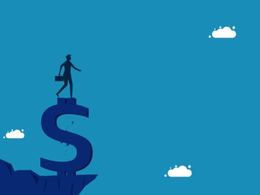 Ekonomik istikrar ve risk kavramı. Para dağı vektörünün tepesinde duran bir iş adamı.