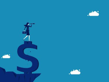 Yatırım tahmini. Zengin Dağ vektöründeki dürbünlere bakan iş kadını