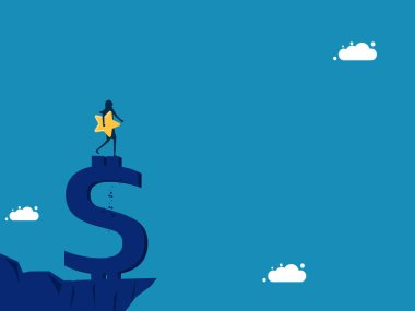 Yatırım başarısı. Para dağı vektörünün tepesinde bir yıldız tutan iş kadını