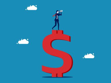 Dünya ekonomik vizyonu. İşadamı paranın üzerinde teleskop kullanarak gelecekteki vektörü tahmin ediyor.