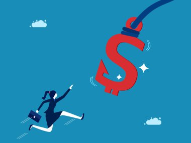 Yatırım dolandırıcılığı. İş kadını gizli yem vektörüyle para kazanmak için atlıyor.