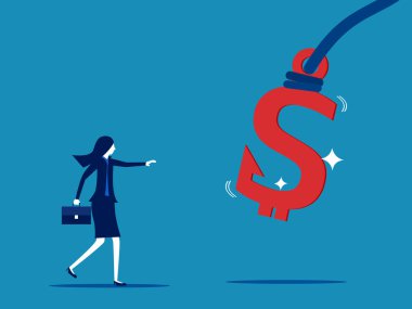 Açgözlülük kavramı. İş kadını, gizli bir dolandırıcılık kurbanıyla para kazanmak için içeri girer. vektör