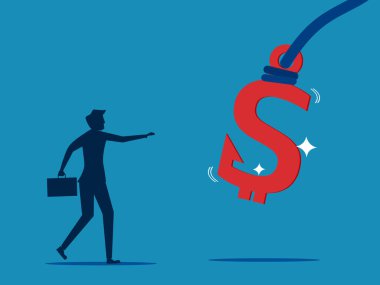 Açgözlülük kavramı. Adam, gizli bir sahte kurbanla para kazanmaya gidiyor. vektör