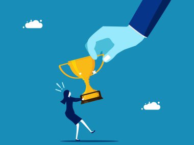 İş rekabeti. Büyük eller, küçük iş kadınlarıyla savaş ganimetleri topluyor. Vektör