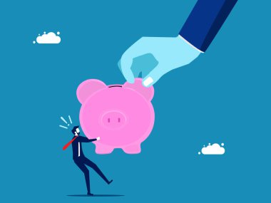 Tasarruf için. Büyük el domuz kumbarası, küçük işadamlarıyla çekişme. vektör