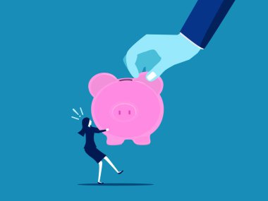 Borçlarını tahsil et. Büyük el domuz kumbarası, küçük işadamlarıyla çekişme. vektör