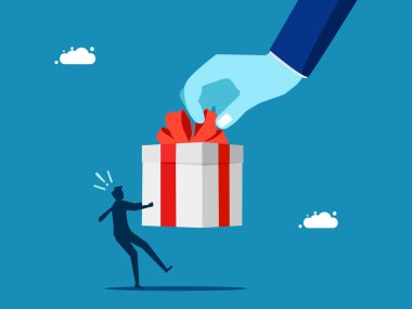 Faydaları için yarışın. Büyük bir el, küçük bir işadamıyla bir hediye kutusunu çekiştiriyor. Vektör