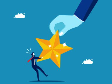 Başarı için savaş. Büyük el, küçük işadamıyla yıldız çekişmesi yapıyor. Vektör