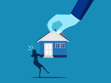 Gayrimenkul için savaş. Büyük bir el, küçük bir iş kadınıyla çekiştiriyor. Vektör