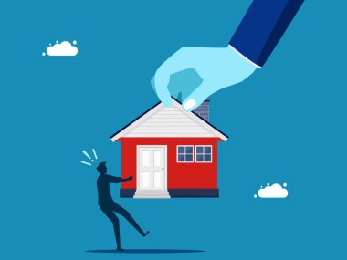 Gayrimenkule yatırım yapmak için yarışın. Büyük bir el, küçük bir işadamıyla çekiştiriyor. Vektör