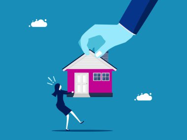 Gayrimenkule yatırım yapmak için yarışın. Büyük bir el, küçük bir iş kadınıyla çekiştiriyor. Vektör