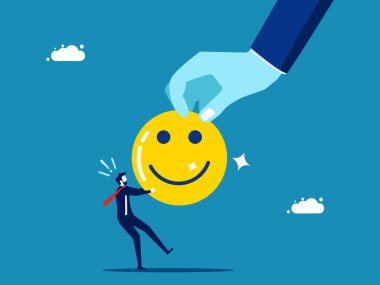 Mutluluk için savaş. Büyük el mutluluk ikonunu çekiyor, küçük işadamlarıyla çekiştiriyor. Vektör