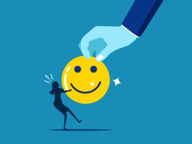 Mutluluk için savaş. Büyük el mutluluk ikonunu çekiyor, küçük iş kadınıyla çekiştiriyor. Vektör