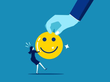 Mutluluk için yarışın. Büyük el mutluluk ikonunu çekiyor, küçük iş kadınıyla çekiştiriyor. Vektör