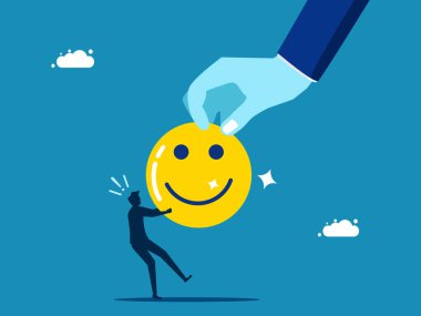 Mutluluk için yarışın. Büyük el mutluluk ikonunu çekiyor, küçük işadamlarıyla çekiştiriyor. Vektör