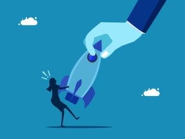 İş kavgası. Büyük bir el, küçük bir iş kadınıyla roket çekme yarışına girdi. Vektör