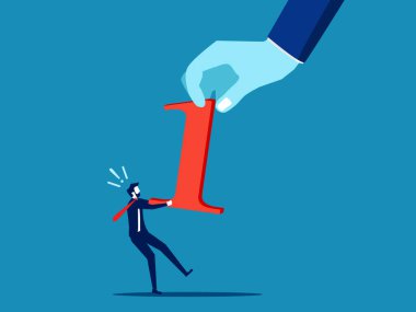 Piyasada bir numara olmak için yarışın. Büyük bir el, küçük bir işadamıyla bir numaralı çekiştirmeyi çekiyor. Vektör