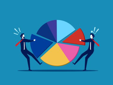 Pazar payının bir yüzdesi için yarışın. Finans pastası grafiği vektörünün payı için mücadele eden işadamları