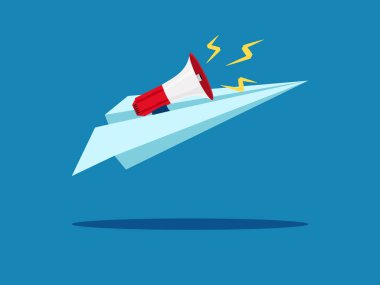 Reklamlar. Kağıt bir uçakta megafon. vektör illüstrasyonu