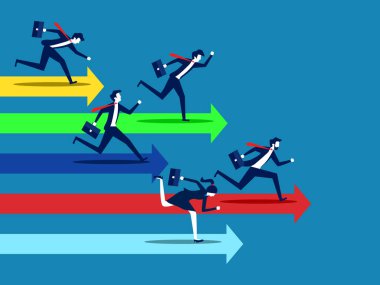 İş rekabeti. İş adamları ok pistinde birbirleriyle yarışıyorlar. vektör