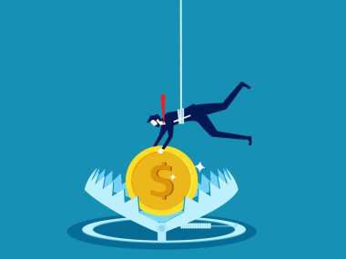 Finansal risk. İşadamı bir dolar sikkeyle tuzağa ulaşmaya çalışıyor. vektör illüstrasyonu