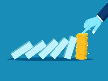 Mali durum krize dayanıyor. El dengeleme madeni para yığını ve düşen dominoları durdurma. Vektör