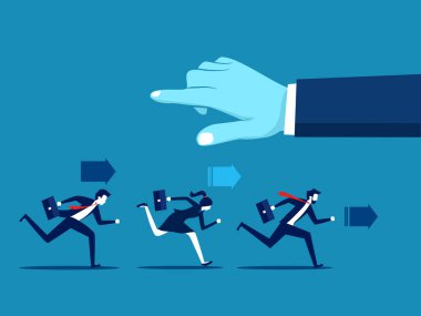 Yetişkinlerden farklı düşün. İş adamlarından oluşan bir ekip büyük el işaretleme vektörünün karşısına geçiyor.