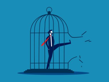 Yasak olan şeyleri yap. Kafesi kıran bir iş adamı. Vektör