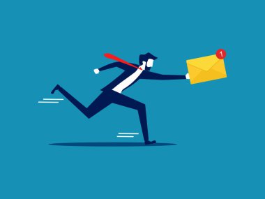 Uyarı mesajları gönder, acil bilgiler. Zarfları getiren bir iş adamı. vektör