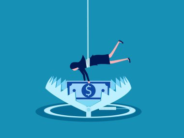 Yatırım ve risk. İş kadını banknotları tuzağın dışına çıkarır. vektör illüstrasyonu