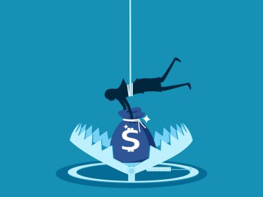 Para ve risk. İş kadını bir çanta dolusu paraya tuzak kurarak ulaşır. vektör illüstrasyonu