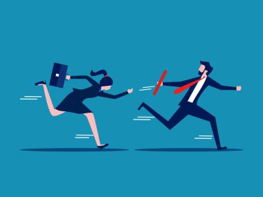 İş teslimatı. İş kadını koşarken bayrağı bir meslektaşına veriyor. Vektör