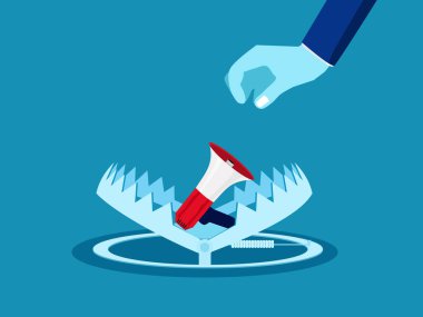 Aldatıcı pazarlama ya da reklam. İşadamı megafonu tuzağa düşürdü. vektör