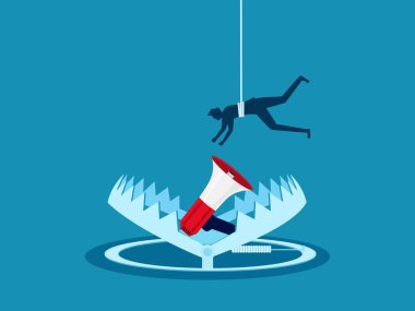 Aldatıcı pazarlama ya da reklam. İşadamı megafonu tuzağa düşürdü. vektör