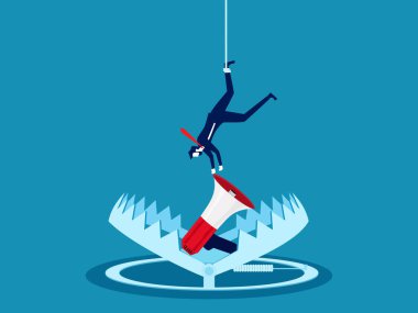 Propaganda ya da aldatmaca. İş adamı bir kapana kısılmış megafonu alır. vektör