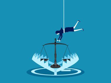 Dolandırıcılık kuralları. İş kadını bir tuzağın içinde tartıya uzanıyor. Vektör