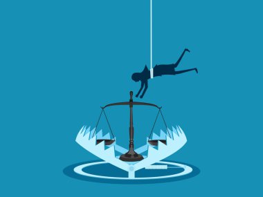 Aldatmak ya da kurallara uymamak. İş kadını bir tuzağın içinde tartıya uzanıyor. Vektör