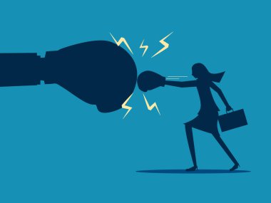 Büyük işlerle savaş. Büyük elleri olan güçlü bir iş kadını boksu. vektör