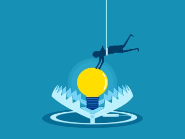 İş kadını kapanda bir ampul yaktı. düşünce tuzağı. vektör illüstrasyonu